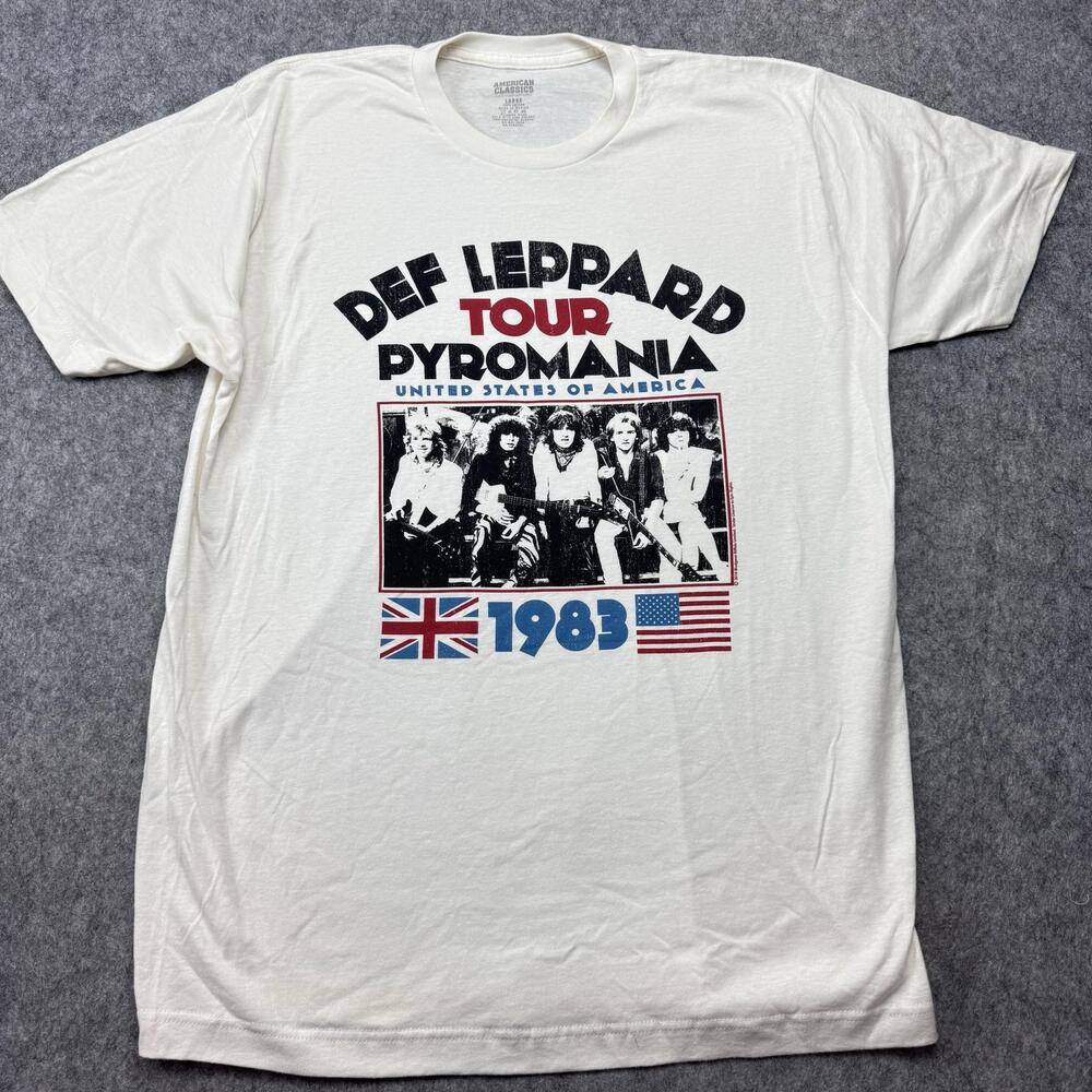 Def Leppard Shirt Mens Large White Pyromania 1983 Tour Rock Band Graphic Tee